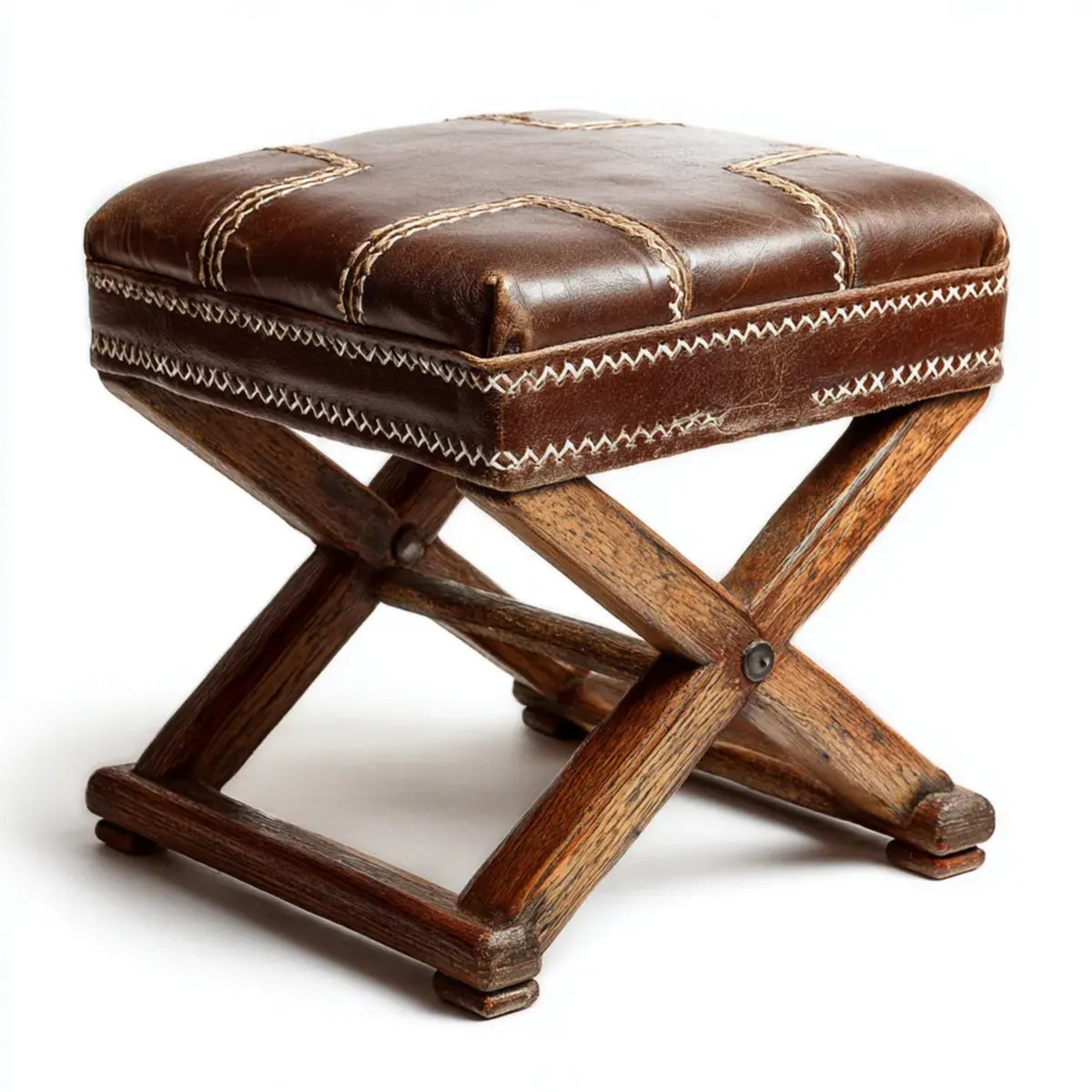 Repose-pieds carré marron 52 x 42 x 48 cm en similicuir PU et bois massif