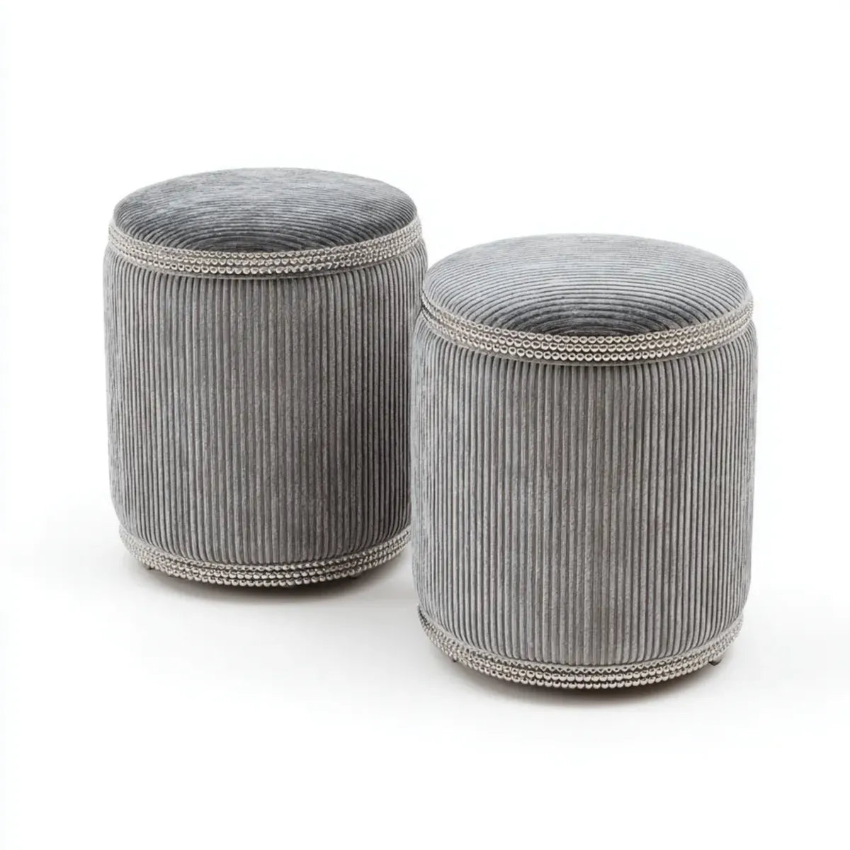 Lot de 2 repose-pieds ronds gris en velours côtelé polyester 35 x 35 x 43 cm et 40 x 40 x 47 cm