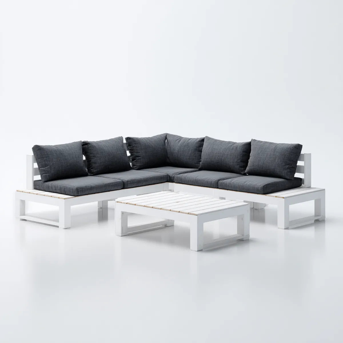 Salon de jardin d'angle 5 pièces blanc et gris anthracite en pin massif 254 x 127 cm avec table basse rectangulaire