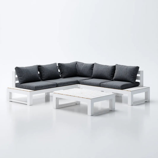 Salon de jardin d'angle 5 pièces blanc et gris anthracite en pin massif 254 x 127 cm avec table basse rectangulaire