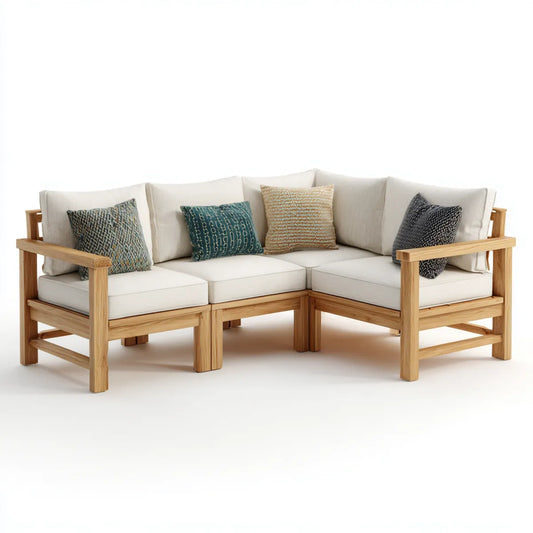 Canapé d'angle de jardin 3 places beige et bois naturel en acacia massif 210 x 210 x 78 cm