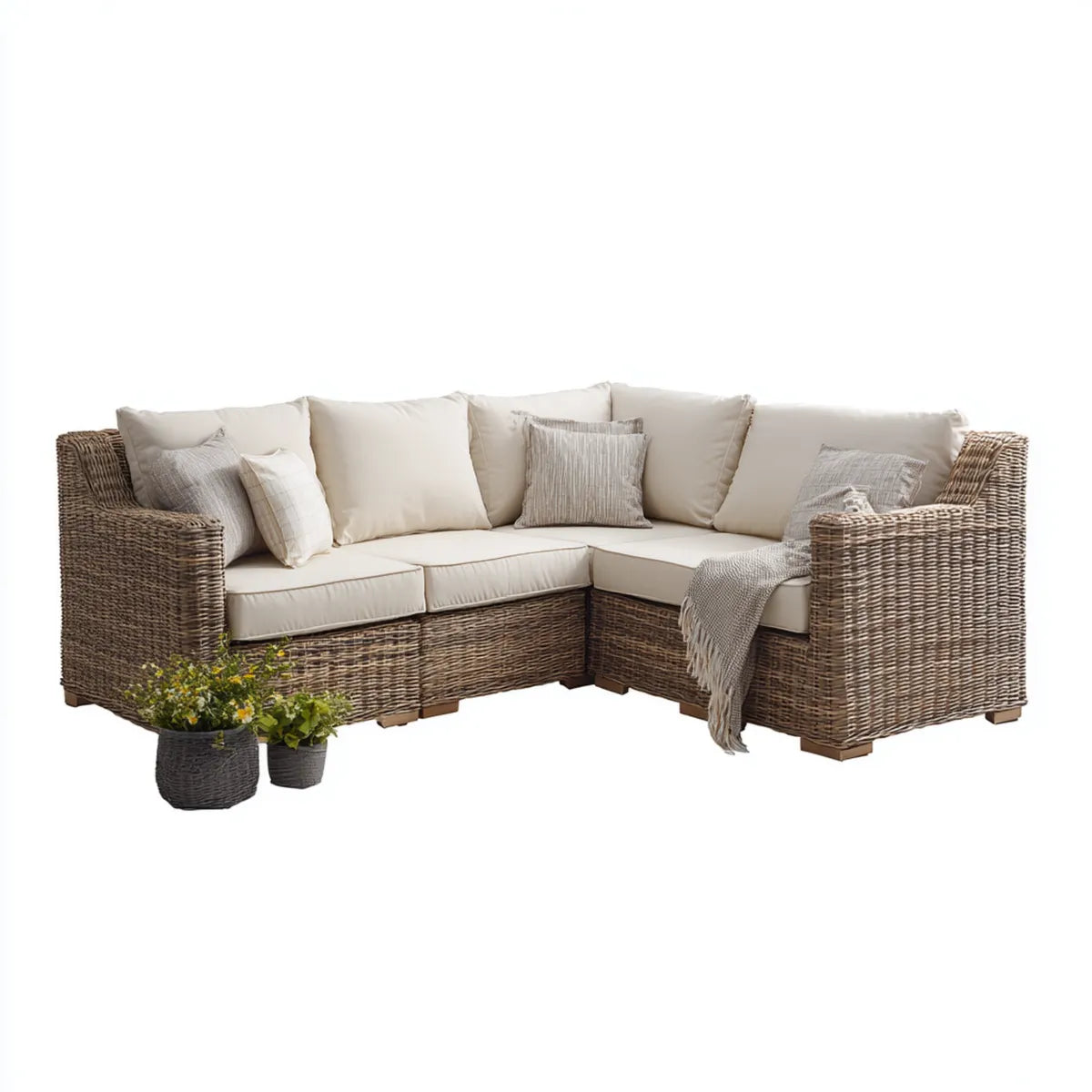 Ensemble canapé de jardin d'angle 3 places marron et beige 250 x 250 x 85 cm en résine tressée PE et polyester