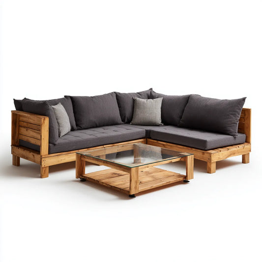 Salon de jardin d'angle 4 places marron et gris en bois d'acacia avec coussins en polyester et table basse rectangulaire 230 x 230 x 75 cm