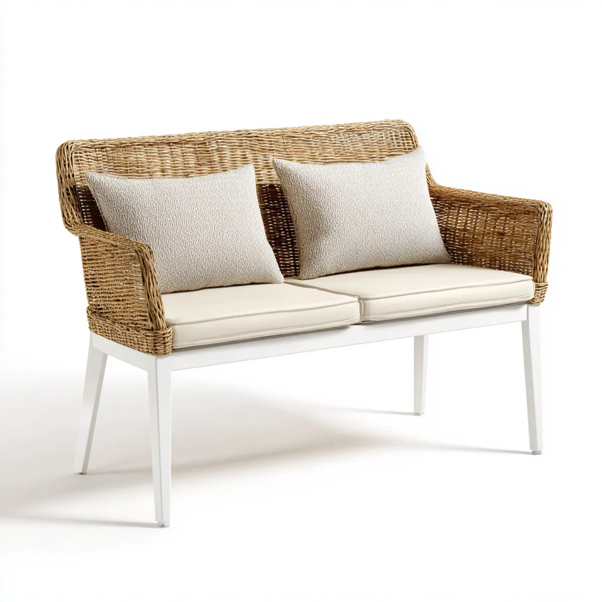Canapé de jardin 2 places beige et blanc en polyéthylène tressé avec coussins 120 x 65 x 80 cm