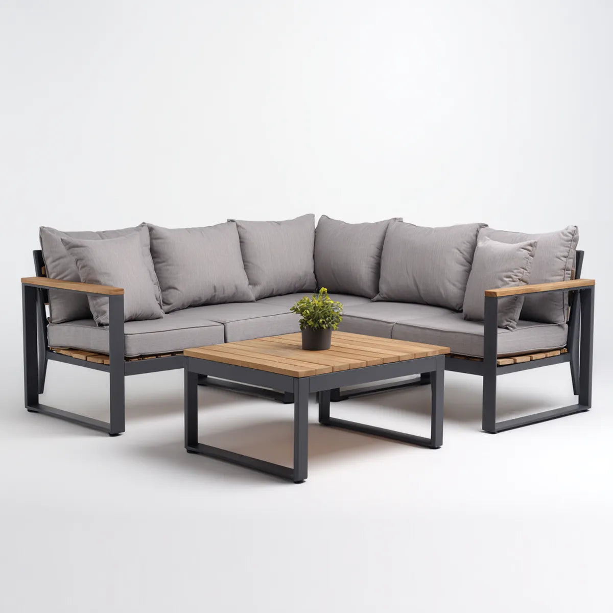 Salon de jardin d'angle 4 places gris avec table basse 240 x 240 x 75 cm aluminium et acacia