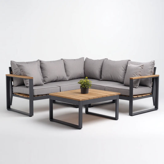 Salon de jardin d'angle 4 places gris avec table basse 240 x 240 x 75 cm aluminium et acacia
