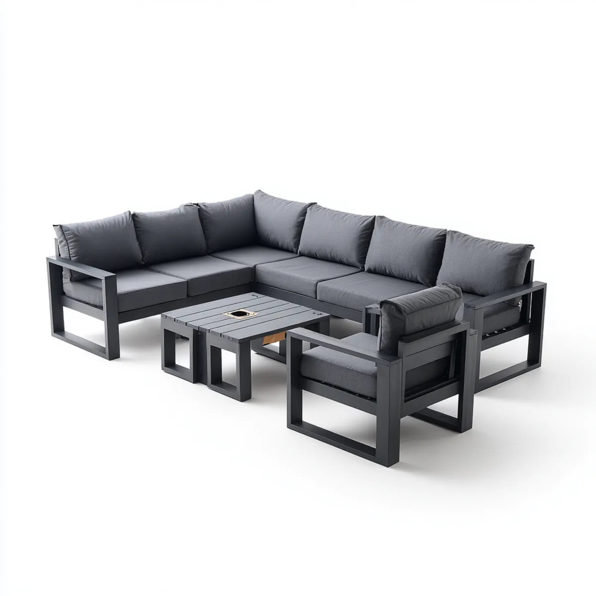 Salon de jardin d'angle 8 places avec table basse gris anthracite en aluminium 280 x 280 x 70 cm