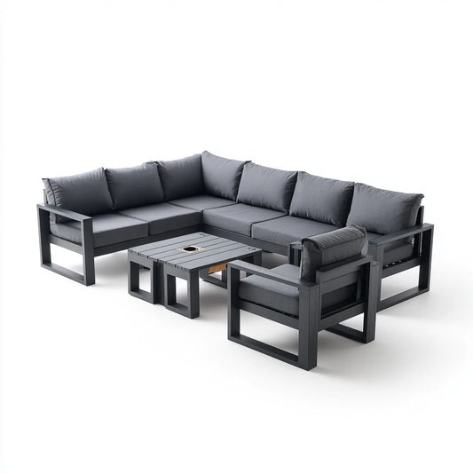 Salon de jardin d'angle 8 places avec table basse gris anthracite en aluminium 280 x 280 x 70 cm