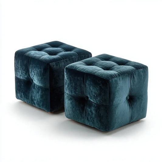 Lot de 2 repose-pieds cubes bleu pétrole 45 x 45 x 45 cm en velours de polyester capitonné