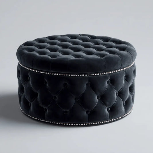 Pouf repose-pieds rond noir capitonné en velours de polyester Ø 80 cm x H 42 cm