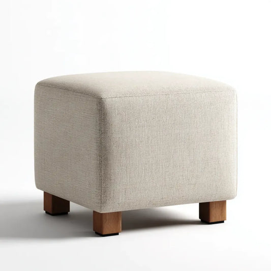 Repose-pieds cube beige 40 x 40 x 45 cm en polyester avec pieds en hêtre massif