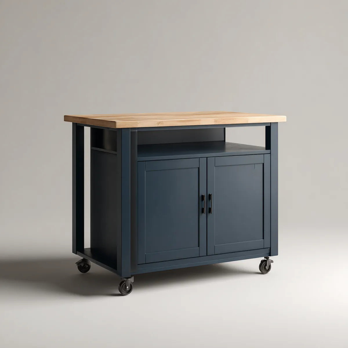 Desserte de cuisine mobile bleu nuit et naturel 110 x 50 x 90 cm en MDF et bois d'hévéa rectangulaire