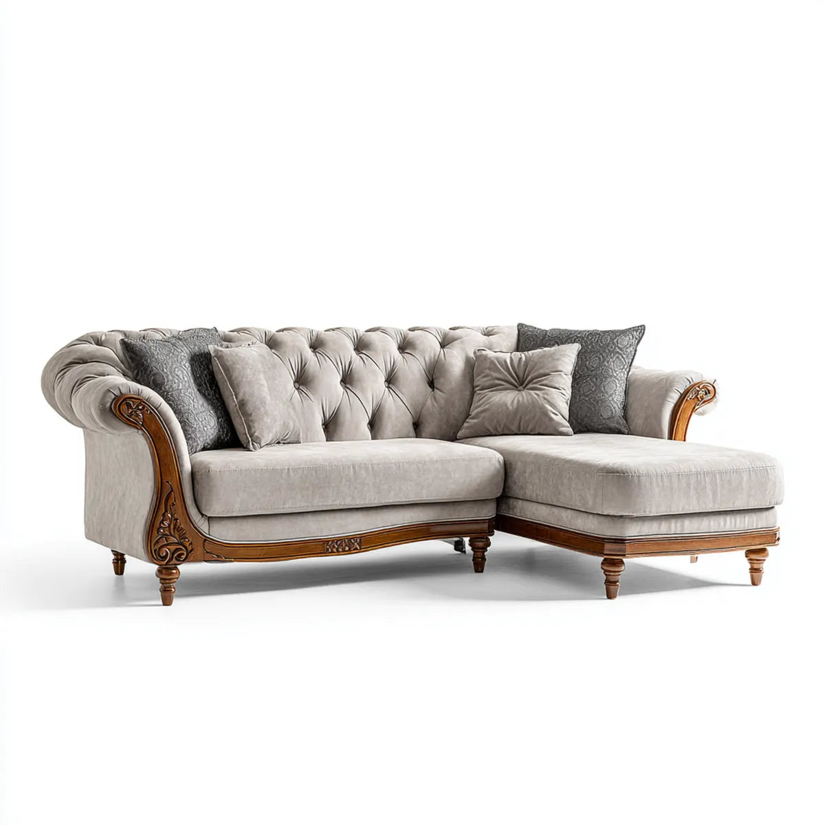 Canapé d'angle 3 places taupe avec méridienne droite 280 x 170 x 95 cm en polyester et bois massif forme L
