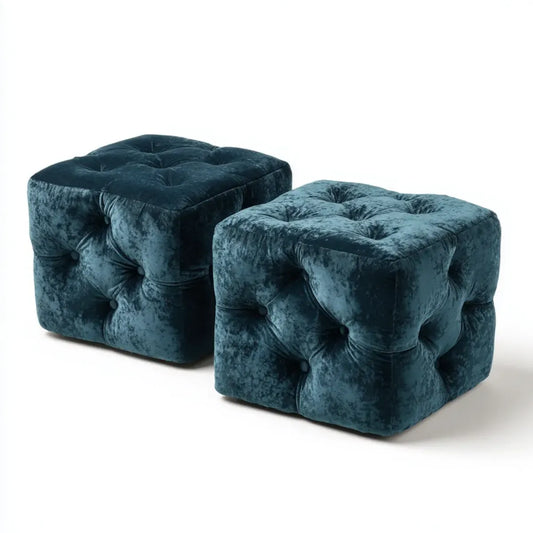Lot de 2 repose-pieds carrés bleu pétrole en velours de polyester 40 x 40 x 40 cm
