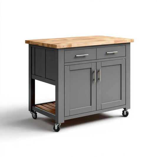 Îlot de cuisine mobile gris avec plan de travail en hévéa massif 112 x 56 x 91 cm