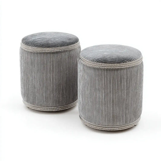 Lot de 2 repose-pieds ronds gris en velours côtelé polyester 35 x 35 x 43 cm et 40 x 40 x 47 cm