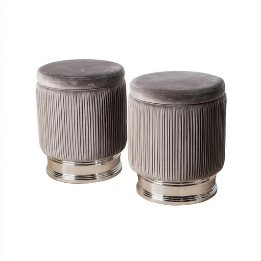 Lot de 2 poufs repose-pieds ronds gris en velours polyester 38 x 38 x 42 cm et 43 x 43 x 46 cm