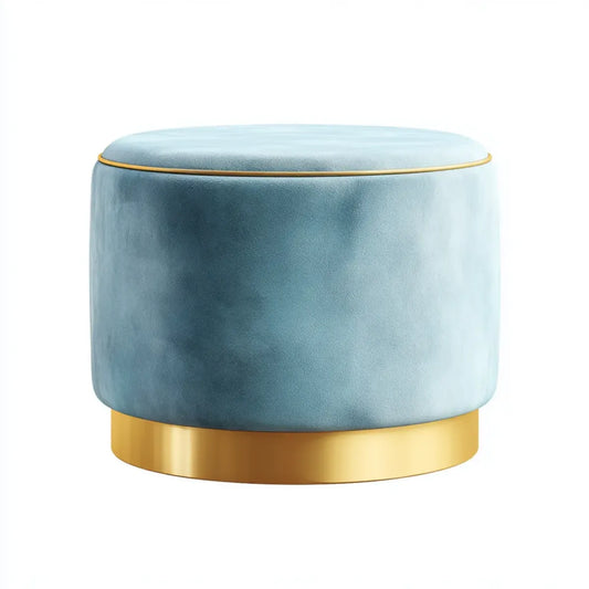 Pouf repose-pieds rond bleu clair diamètre 40 cm hauteur 40 cm velours polyester base en acier inoxydable doré